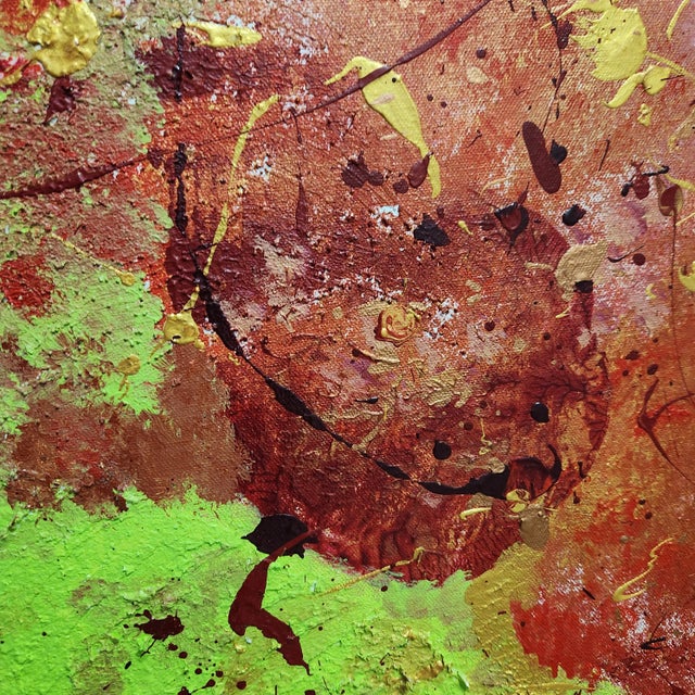 Late 20th Century Large Signed Abstract Expressionist Impasto Painting – Red, Ochre & Lime Contemporary Statement Art For Sale - Image 5 of 10
