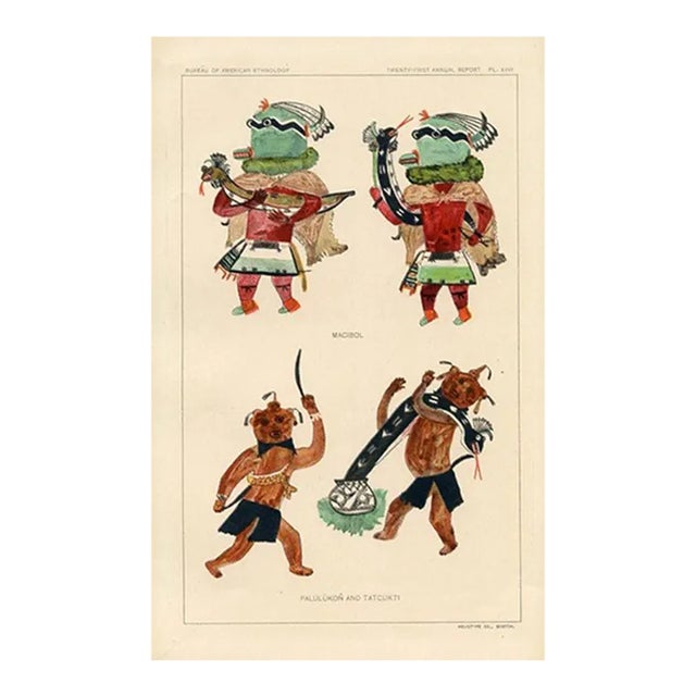 Early 1900s, Hopi Indian Kachina Print, Sun Gods, Original Antique Native American Lithograph For Sale