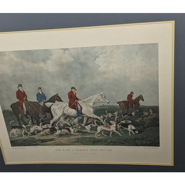 Printmaking Materials Large Vintage “The Earl of Derby’s Stag Hounds” Equestrian Artwork, Custom Framed Blue, Cream, Red For Sale - Image 7 of 18
