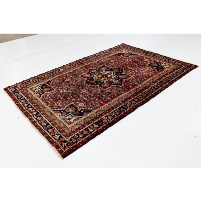 Vintage Hamadan Hand-Knotted Wool Rug With Geometric Medallion – Red & Navy For Sale - Image 9 of 9