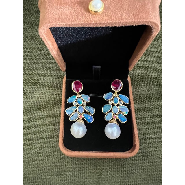 Bochic "Orient" Vintage Ruby, Opal & Sapphires Earrings Set 18K Gold & Silver For Sale - Image 14 of 18