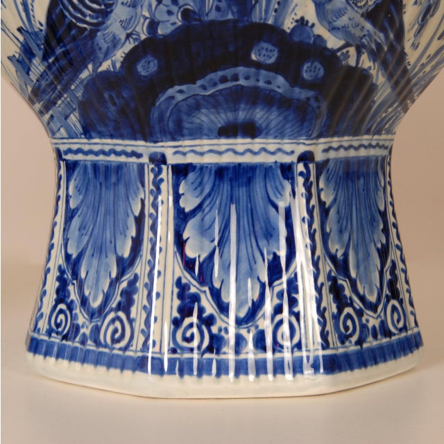 Delft Vases Chinoiserie Blue White Vintage Royal Delft Covered Jars Baluster Vases a Pair For Sale - Image 13 of 17