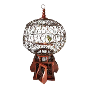 Vintage Boho Victorian Wood and Metal Wire Round Top Bird Cage With Wood Bird