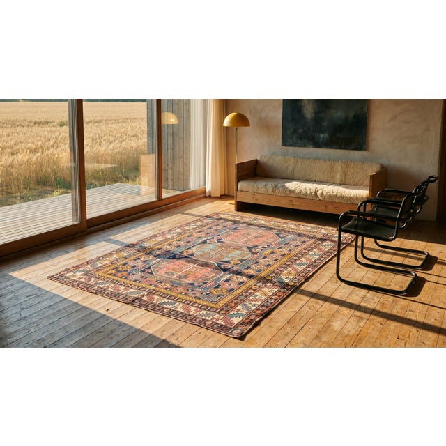 1930s Blue Geometric Tribal Antique Caucasian Shirvan Carpet 4' X 4'6'' Knotted Wool Rug For Sale - Image 14 of 14