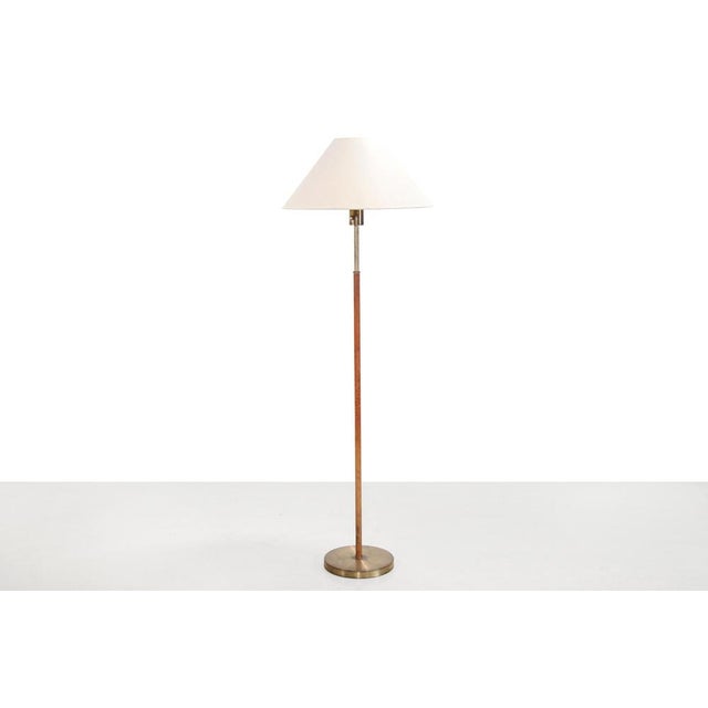 1950s Paavo Tynell Style Floor Lamp in Brass and Leather with Linen Shade, 1950s For Sale - Image 5 of 5