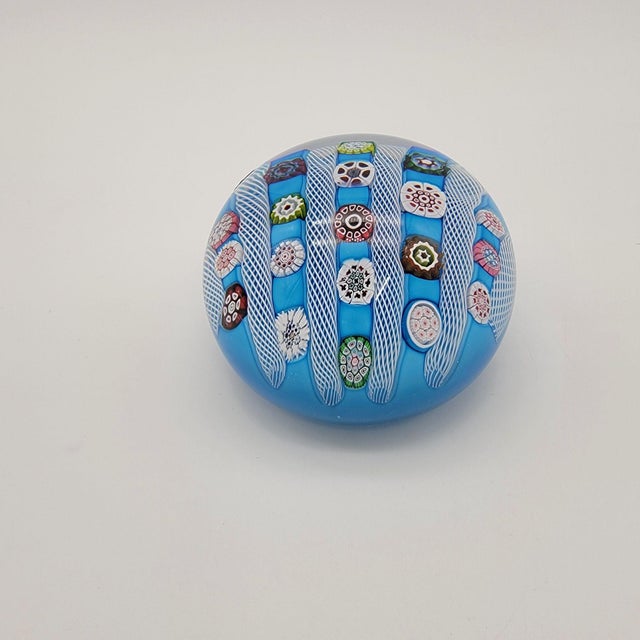 French Saint Louis 1972 Limited Edition Signed Blue Millefiori & Latticino Art Glass Doily Paperweight For Sale - Image 3 of 8