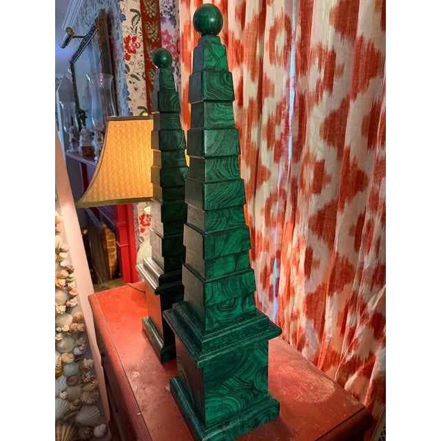 Black Obelisks Pair With Orb Finial Painted in Faux Malachite. A Pair Neoclassical For Sale - Image 8 of 9