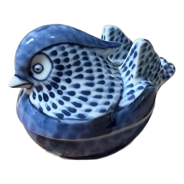 Vintage Fitz and Floyd Blue & White Porcelain Wood Duck Trinket Box For Sale