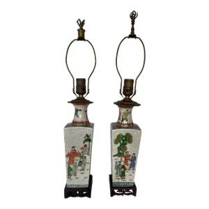 19th Century Chinese Export Crackle Ware Vase Lamps on Carved Wood Bases - A Pair