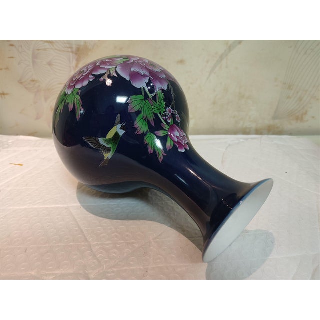 White A Pair of Chinese Old Ceramic Vase,Qing Dynasty Qianlong Marked Blue Ground Famille Rose Porcelain Yuhuchun Vase Flowers and Birds Pattern For Sale - Image 8 of 11