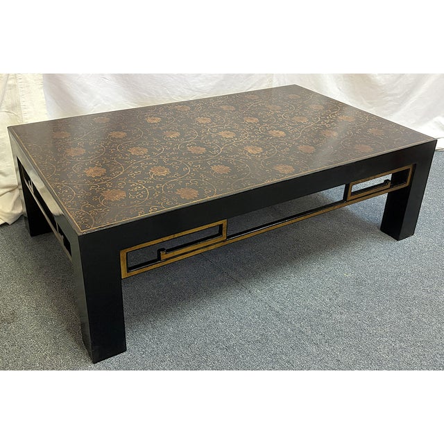 Vintage Chinoiserie Style Black Lacquer Coffee Table With Gold Floral Designs For Sale In West Palm - Image 6 of 18