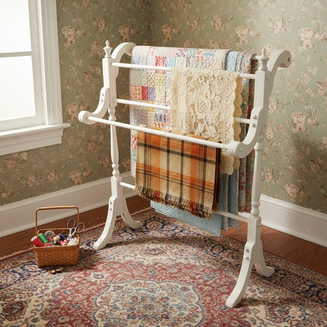 Vintage White Wood Quilt Rack Stand-Farmhouse-Towel-Blanket Holder-Linen-Throw For Sale - Image 4 of 11