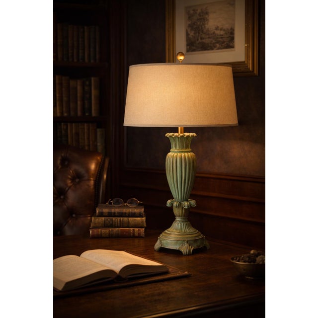 Verdigris Patinated Urn Form Table Lamp With 16” Linen Drum Shade For Sale - Image 4 of 8