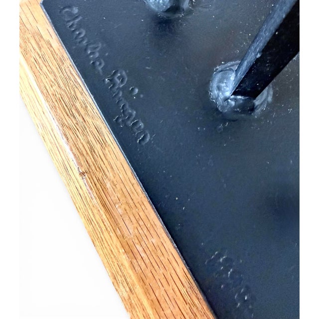 Signed Charles Ringer Kinetic Dual Trout / Salmon Cut Steel Brutalist Fish Sculpture Wood Base 1994 For Sale - Image 9 of 12