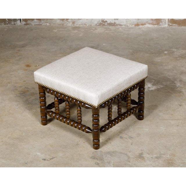 Wood 19th Century English Turned Bobbin Legs Stool with Linen Upholstery For Sale - Image 7 of 10