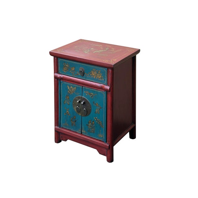 Brick Red Oriental Red Blue Doors Golden Butterflies Fishes Graphic End Table Nightstand For Sale - Image 8 of 8