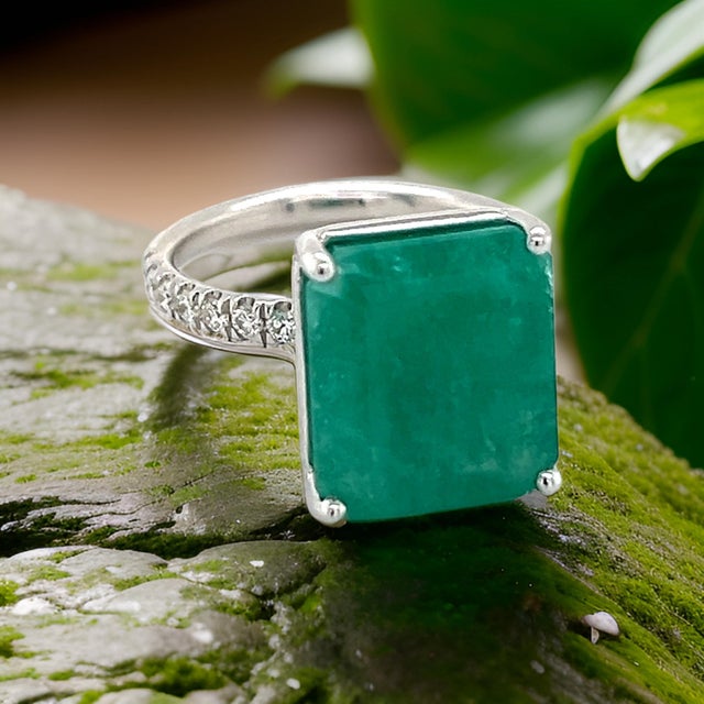 Metal Natural Emerald Diamond Ring Size 6.5 14k White Gold 8.27 TCW Certified For Sale - Image 7 of 12