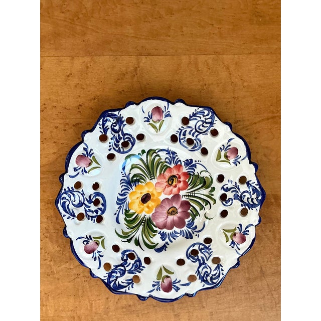 Late 20th Century Vintage Portuguese Pierced Ceramic Floral Plate For Sale - Image 5 of 12