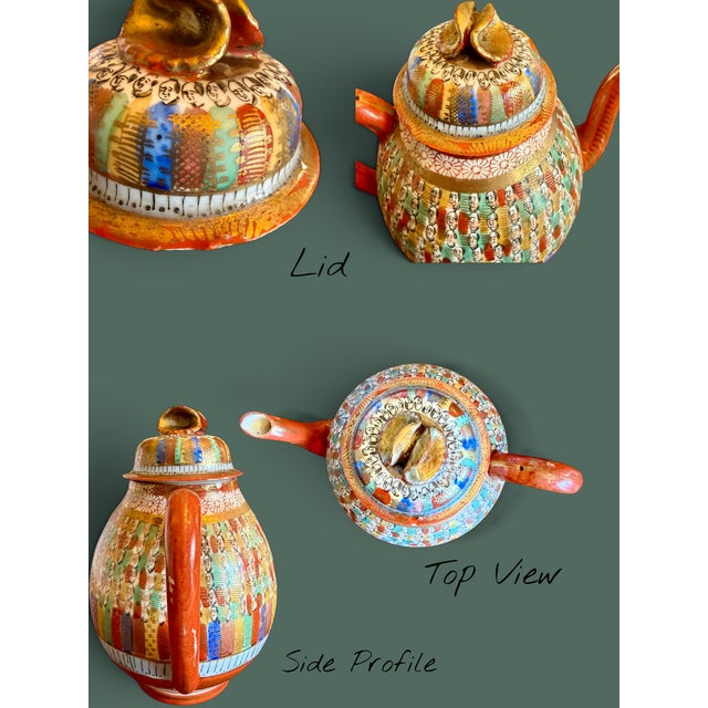 Orange Vintage Japanese 1000 Thousand Faces Teapot-Hand Painted Porcelain-Kutani Style For Sale - Image 8 of 11