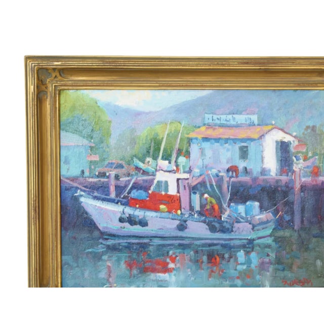 Mendocino Harbor CA seascape boating oil painting on artist canvas panel by listed artist Silvio Silvestri (1948-2018.)...