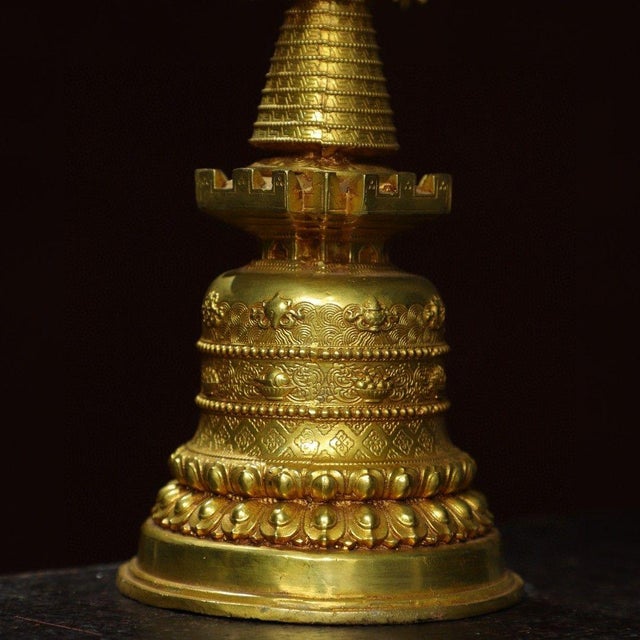 Mid 20th Century Vintage Tibetan Gilt Bronze Stupa - Gemstone Inlaid Buddhist Reliquary Pagoda For Sale - Image 5 of 9