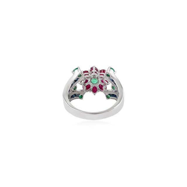 Metal Modern Floral Design Ruby Emerald & Blue Sapphire Cocktail Ring in 925 Silver- Size 7 For Sale - Image 7 of 11