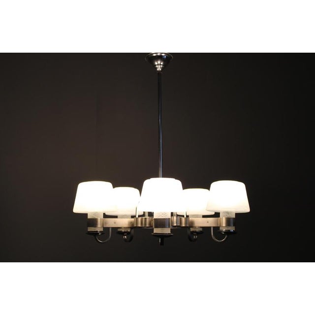 Art Deco Nickel Chandelier with Textured Glass, Czechoslovakia, 1930s For Sale - Image 16 of 17