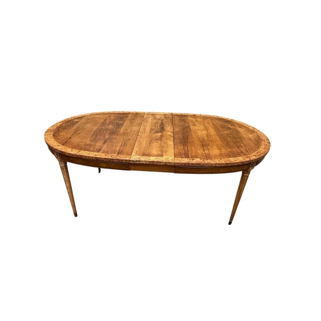 1970s Vintage American Furniture Burl Walnut Oval Expandable Dining Table With 3 Leaves & Original Table Pad For Sale - Image 5 of 13