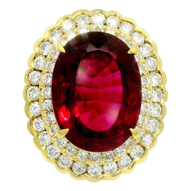 15.74 Rubellite Tourmaline Diamond Double Halo 18k Yellow Gold Cocktail Ring, Size 6.25 For Sale