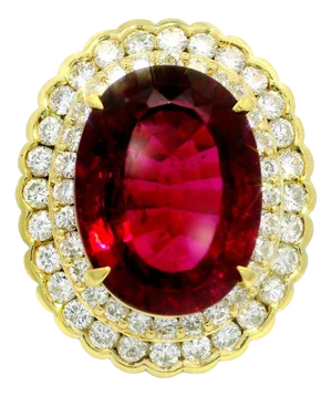 15.74 Rubellite Tourmaline Diamond Double Halo 18k Yellow Gold Cocktail Ring, Size 6.25