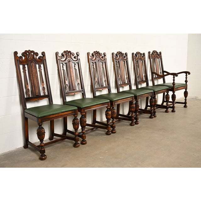 Berkey & Gay Berkey & Gay Antique English Jacobean Carved Walnut Dining Chairs, Set of Six For Sale - Image 4 of 16