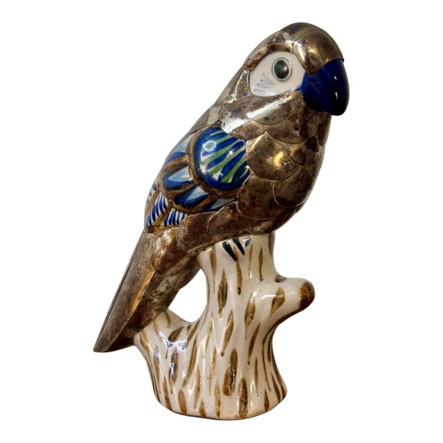 Vintage Tonalá Mexican Parrot Figurine, Coastal Modern Folk Art Ceramic For Sale
