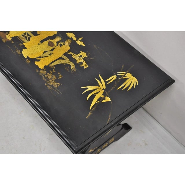 Vintage Chinoiserie Oriental Black Lacquer Gold Gilt Trestle Bench Coffee Table For Sale - Image 11 of 12