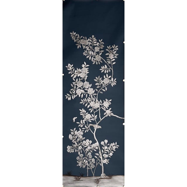 Chinoiserie Custom Hand-Painted Mural | Chinoiserie Navy Floral Tree Bird Wallpaper Covering For Sale - Image 3 of 10