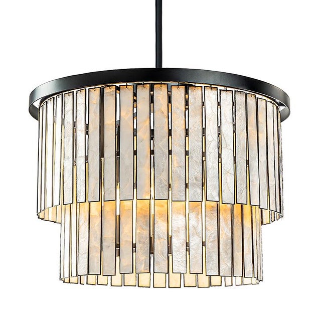 2020s Aloadecor Matte Black Coastal Natural Capiz Round Chandelier 5-Light Modern Pendant Fixture For Sale - Image 5 of 5