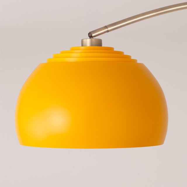 Wood 1980s 92" Morelli Mid Century Modern Tambo Floor Lamp - Weathered Brass, Mustard Shade, Dimmable, Living Room Lighting For Sale - Image 7 of 9