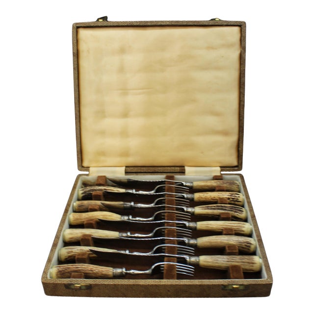 C. 1900 Wr Humphreys & Co Fish Service Set With Antler Handles in Case For Sale