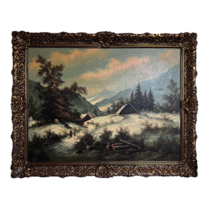 Simans Large Vintage Dutch Oil Painting on Canvas, Landscape, Gold Leaf Frame