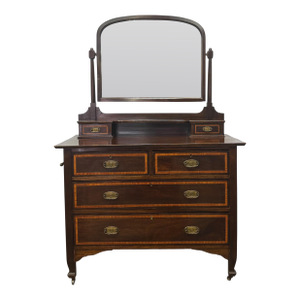 Antique Traditional Federal Style Banded Mahogany Chest of Drawers & Mirror