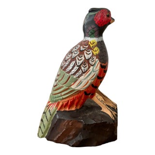 Midcentury Handpainted Pheasant Stone Carving With Glass Eyes For Sale