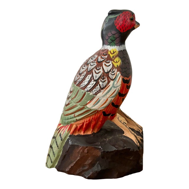 Midcentury Handpainted Pheasant Stone Carving With Glass Eyes For Sale