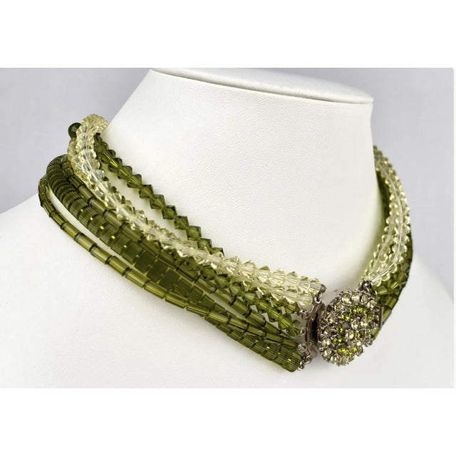 1950s Mid Century Multi Strand Green and Clear Beaded Necklace With Cluster Clasp For Sale - Image 5 of 8