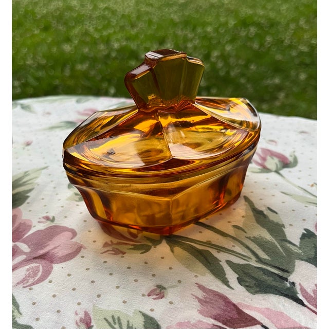 This Stunning 1930s Art Deco Czech Bohemian Cut Amber Glass Dresser/ Vanity Set consists of a Powder Container w/ Lid,...