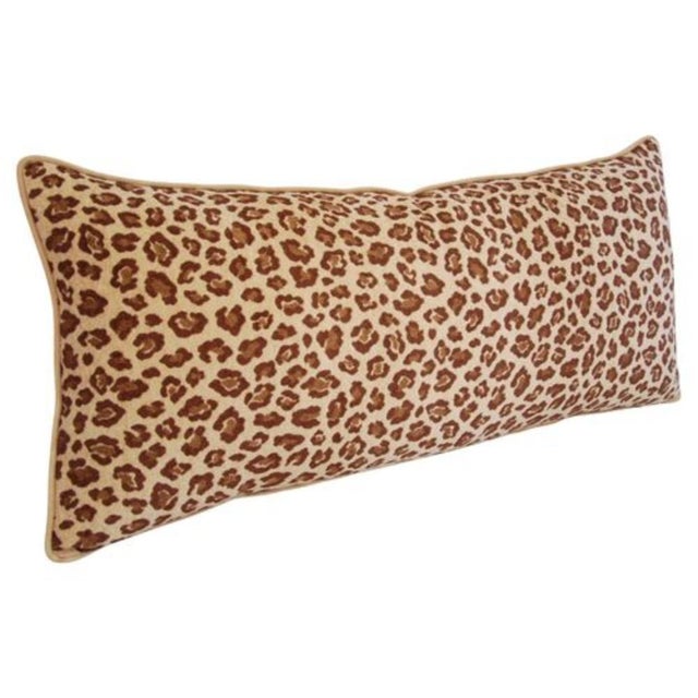 Large custom-tailored pillow in woven velvet-and-chenille blend leopard spot fabric. New gold velvet back. Matching velvet...