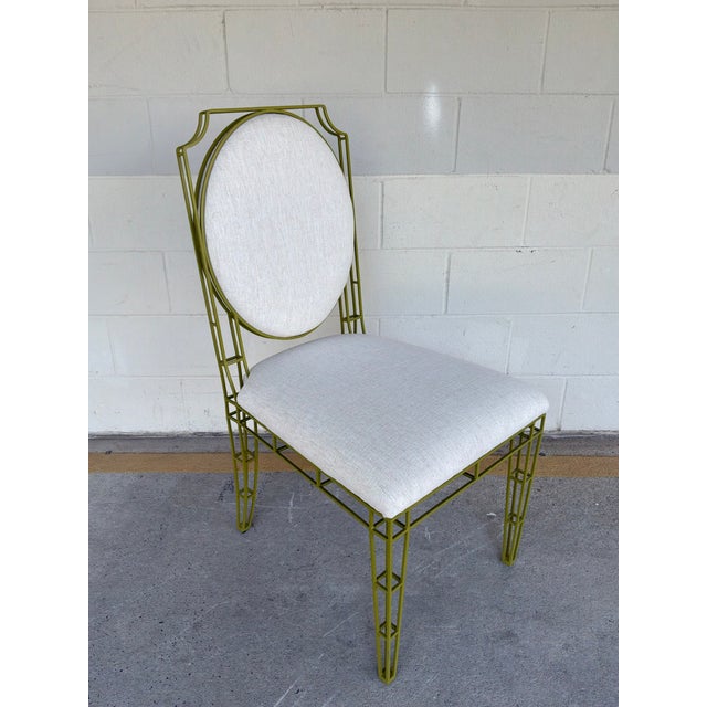 Stylish Jonathan Charles XO Side chair. Green metal frame with off white fabric. Original Retail $2531. Showroom floor...