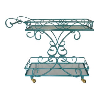 Vintage Wrought Iron & Glass Restored Teal Bar Cart For Sale