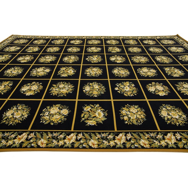 1990s Vintage Handcrafted French Aubusson Wool Rug in Black With Floral Pattern For Sale - Image 5 of 11
