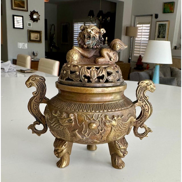 Antique Chinese Ming-Style Brass Foo Dog Incense Burner Sculpture For Sale In Palm Springs - Image 6 of 15
