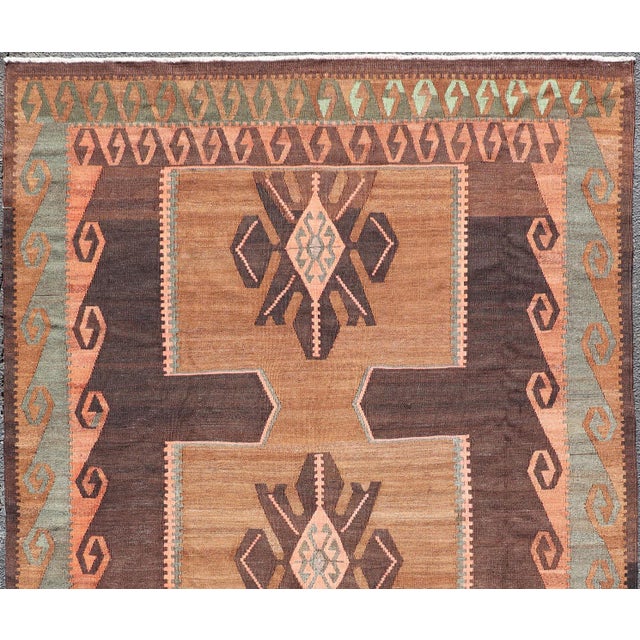 Mid 20th Century Vintage Turkish Kars Kilim With Bold Medallions in Warm Brown, Orange, and Sage For Sale - Image 5 of 13
