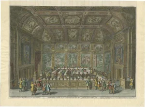 Antique Print of the Dutch Senate Meeting Room in the Hague, 1730, Paper